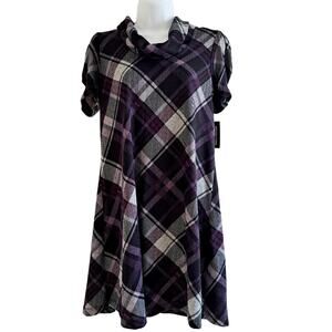 JH Short Sleeve Cowl Neck Plaid Sweater Dress